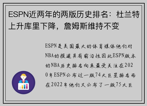 ESPN近两年的两版历史排名：杜兰特上升库里下降，詹姆斯维持不变