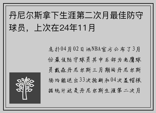 丹尼尔斯拿下生涯第二次月最佳防守球员，上次在24年11月