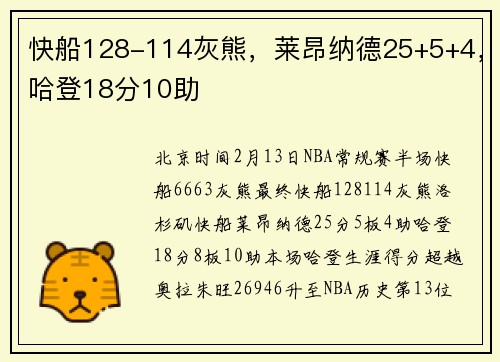 快船128-114灰熊，莱昂纳德25+5+4，哈登18分10助